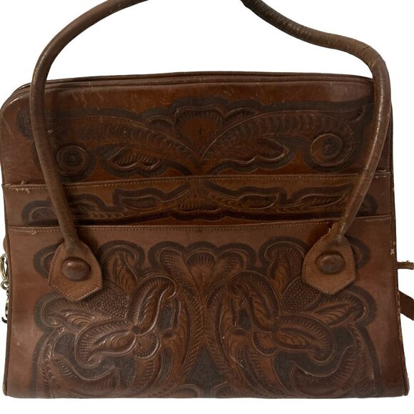 Productos Olvera S.A Handbags - Rare Western Vintage1970 Mexican Tooled Brown Leather Shoulder Bag Tote …